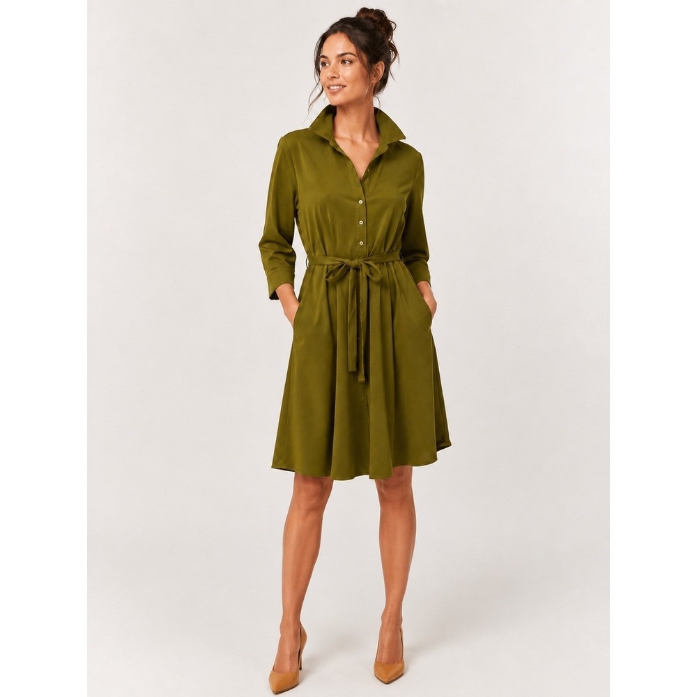 Sharagano Button Front Dress Womens 4 Chartreuse Green Belt Pockets